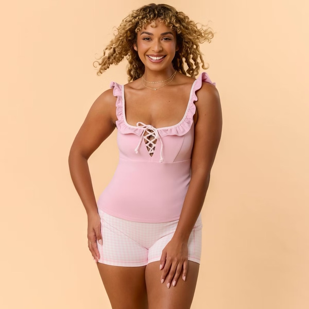 Blogilates Women's Ruffle Lace Up Tank Top Pink M